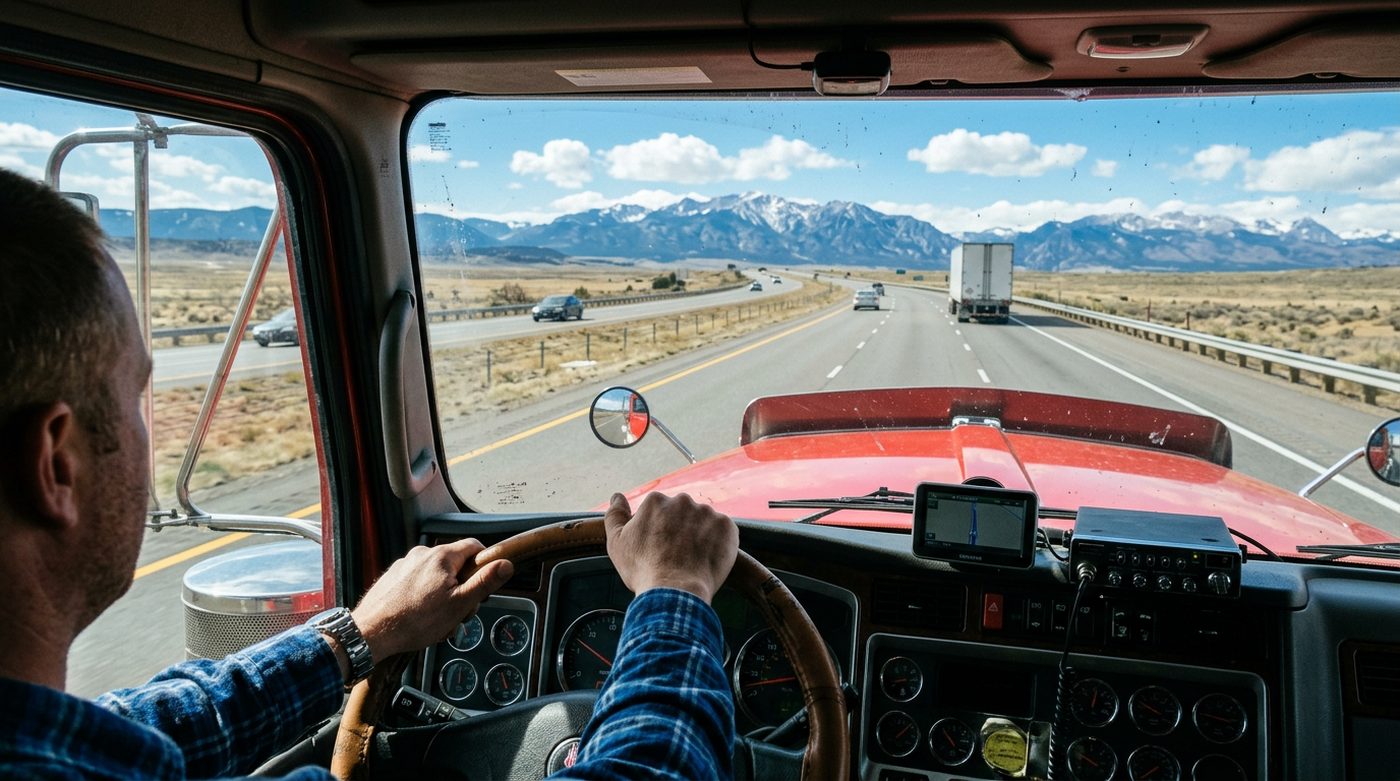 View of the open highway from inside a truck cab