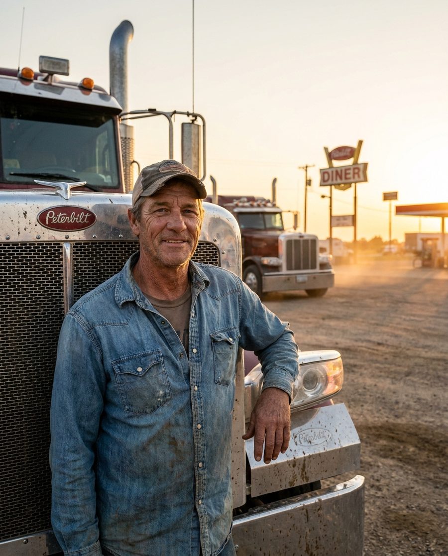 Driver beside his rig at a truck stop