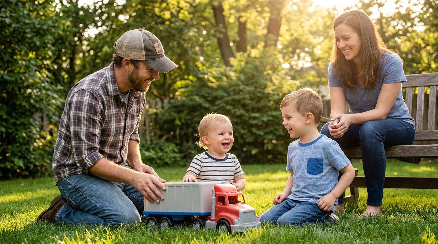 Family playing in the backyard with a toy semi truck